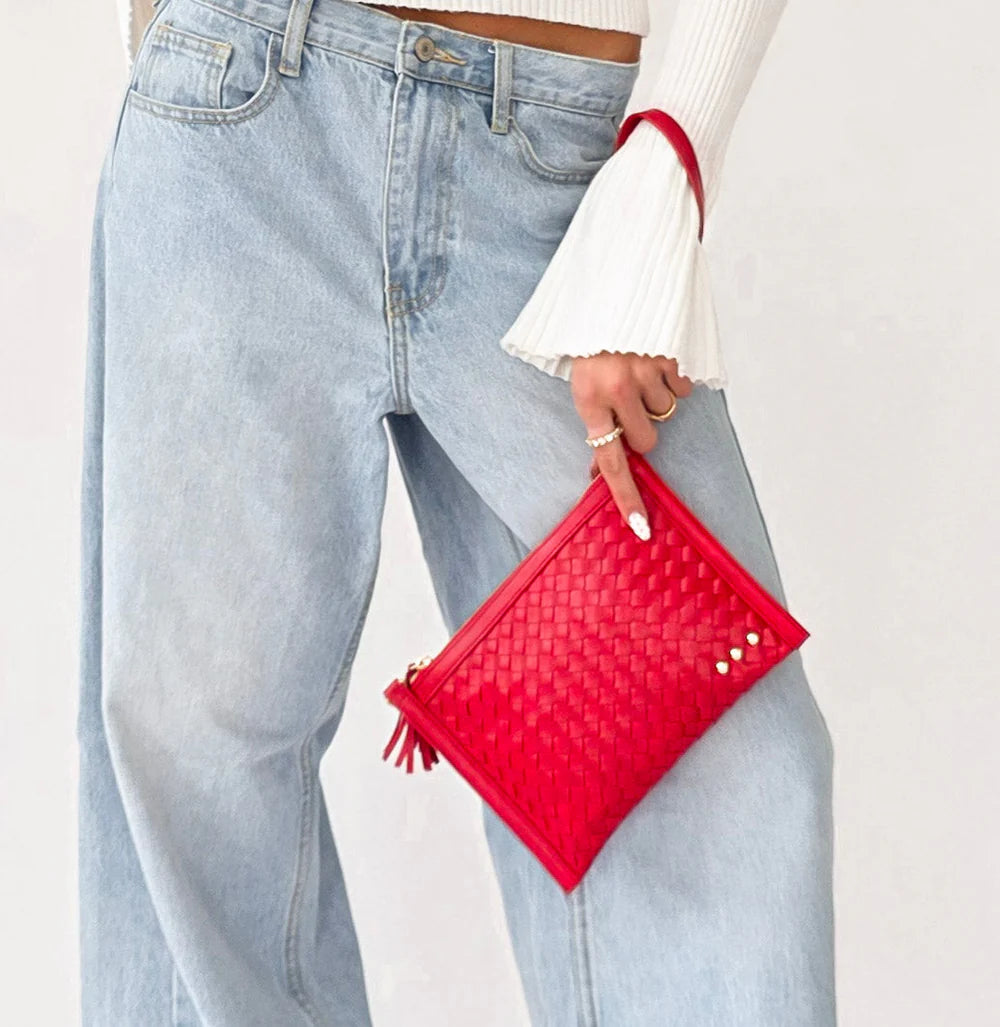 Veda Woven Crossbody and Clutch Bag | Cherry Red