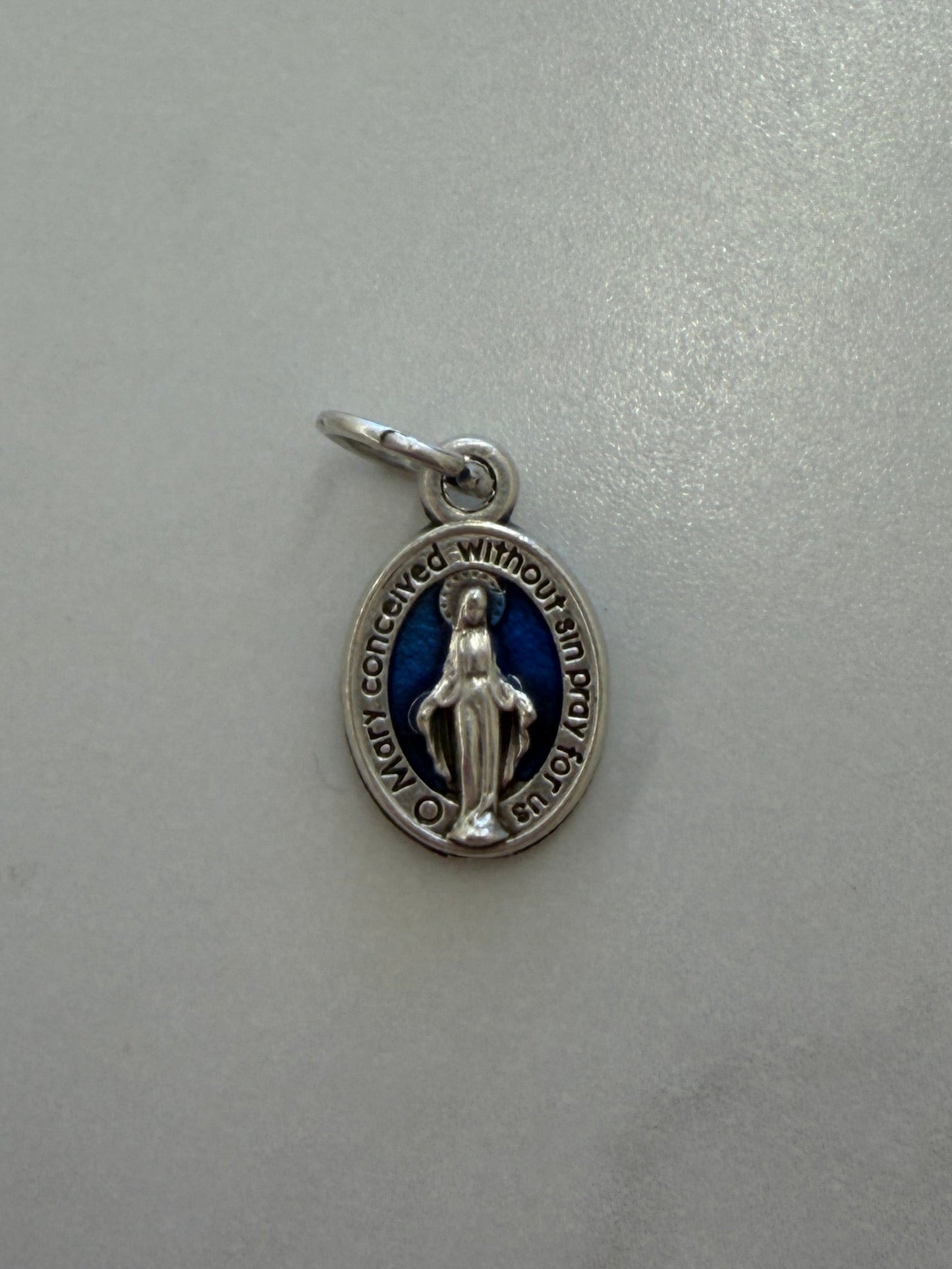 Mini Miraculous Medal | Blue Enamel with Silver