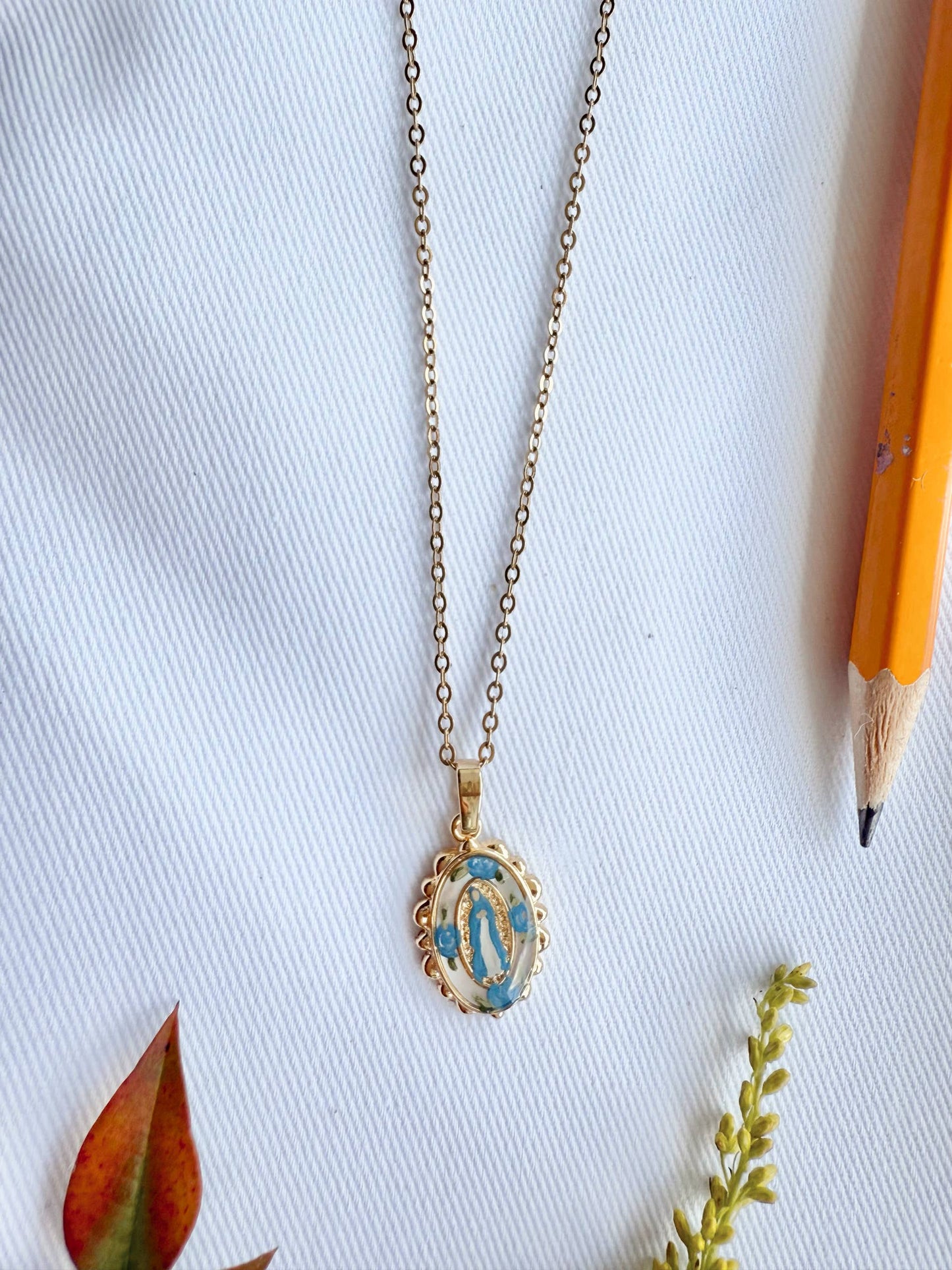 Dainty Our Lady in Blue Roses Necklace