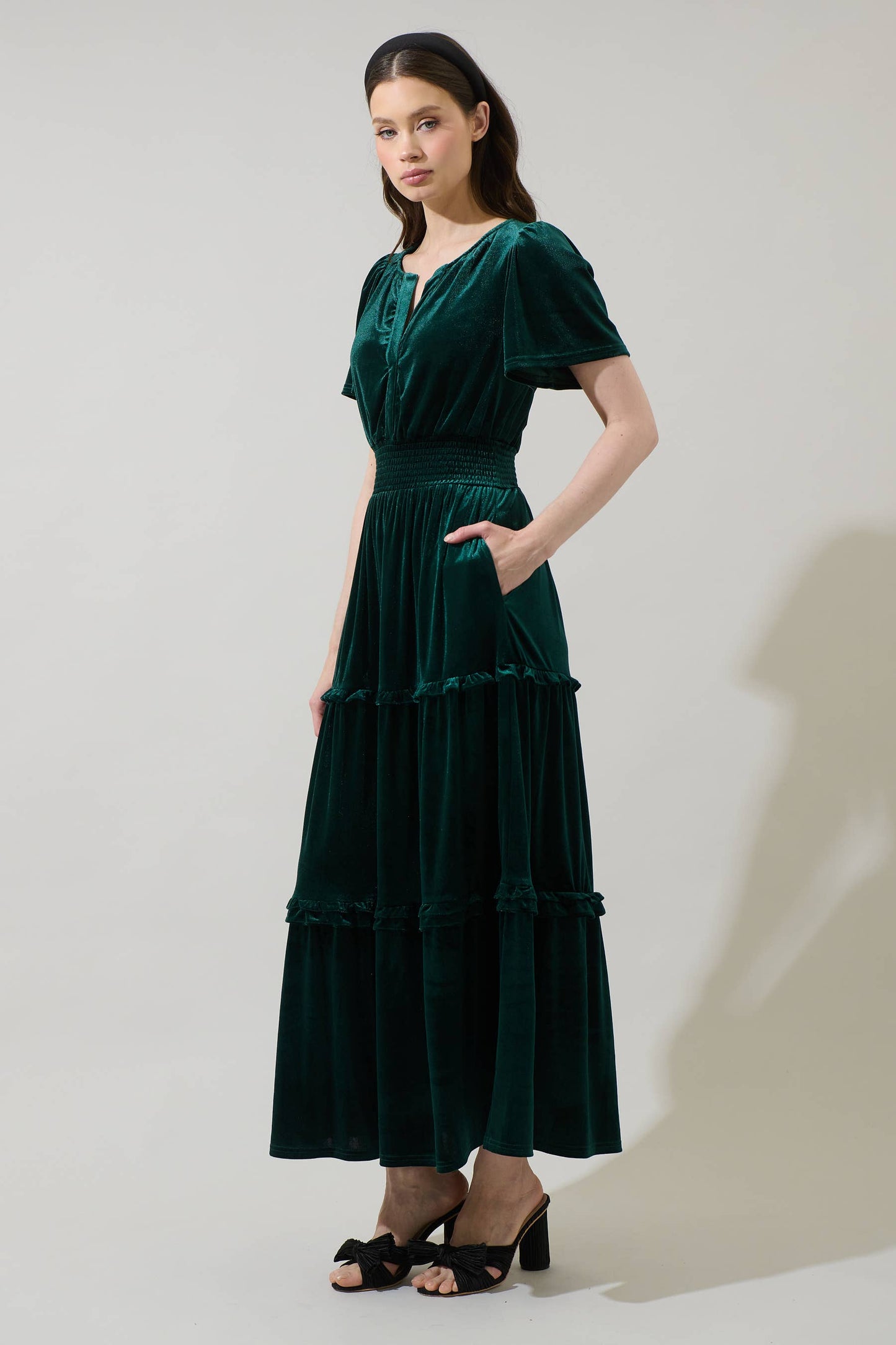 Juliete Velvet Tiered Maxi Dress | Emerald