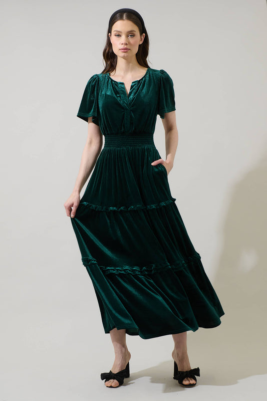 Juliete Velvet Tiered Maxi Dress | Emerald
