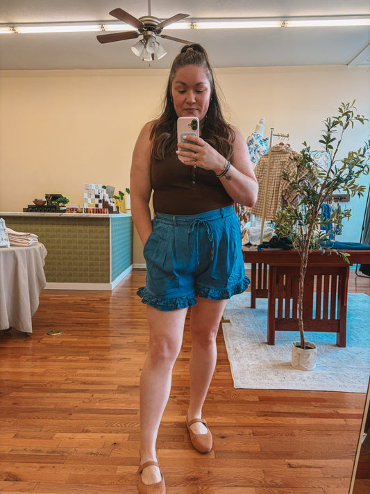 Ruffle Soft Denim Shorts | Dark Wash