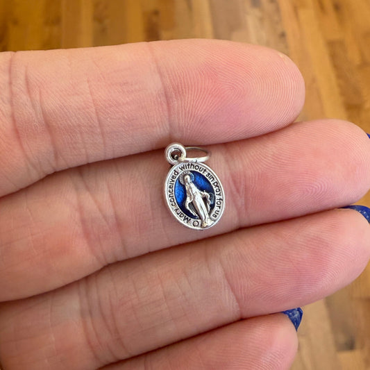 Mini Miraculous Medal | Blue Enamel with Silver