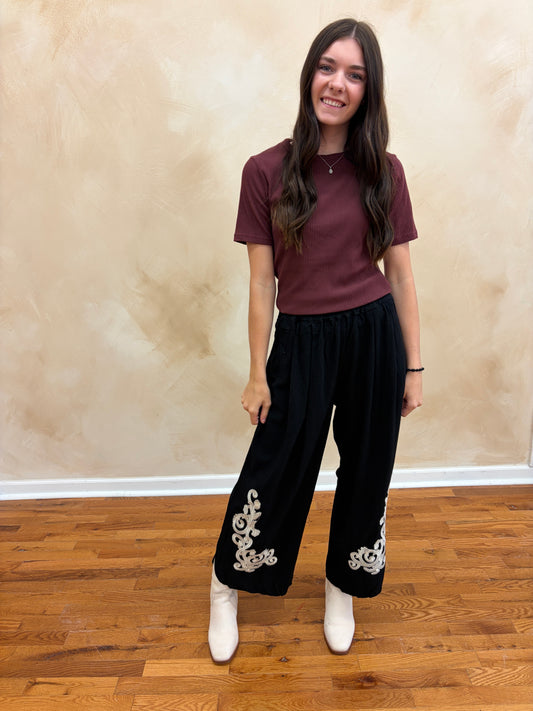 Avery Embroidered Pants | Black