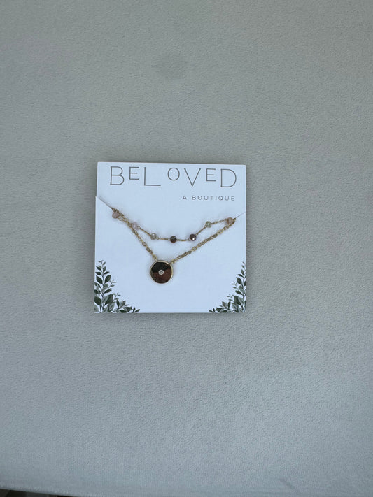 Neutral Beaded Necklace with Gold Pendant