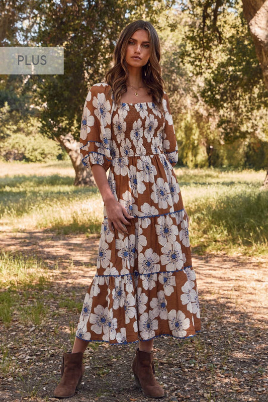Autumn Floral Midi Dres (Plus)